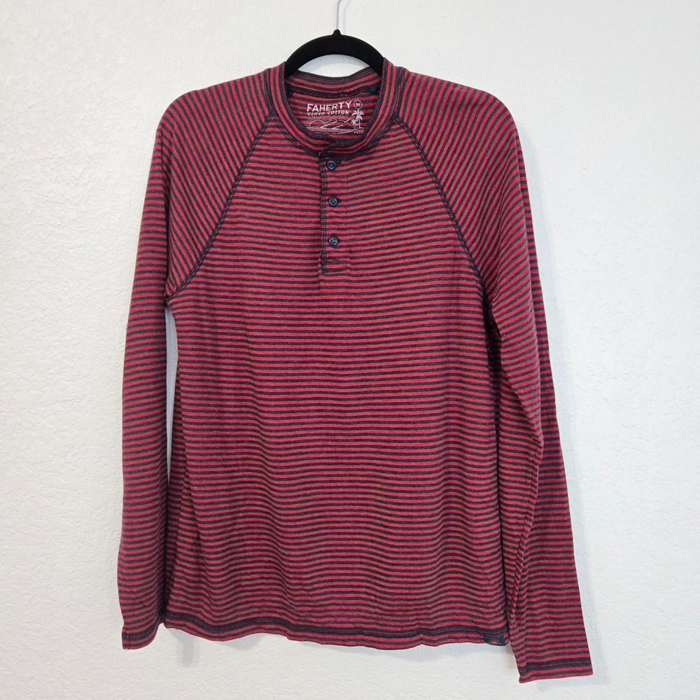Faherty Cloud Cotton Henley Shirt Mens Medium Red Navy Striped Long Sleeve Pima